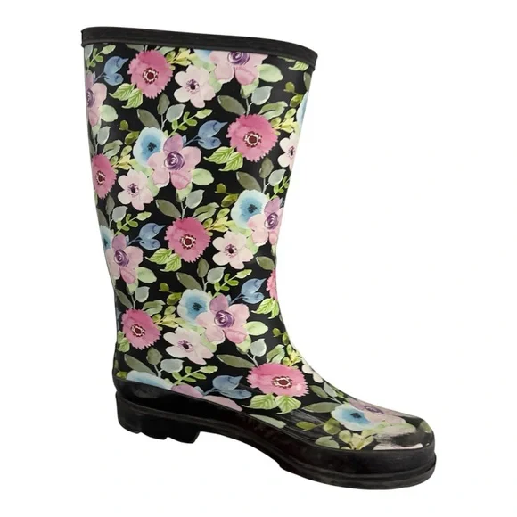 Blue Mountain Black Rain Boots with multi colored flower print  US 9 - Picture 4 of 7